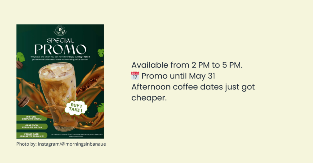 Mornings in Banaue buy 1 get 1 coffee deal