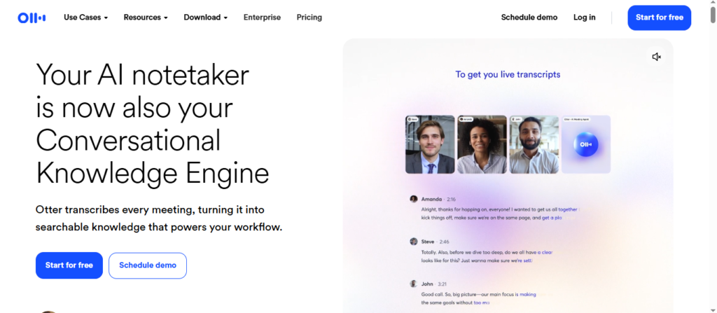 Otter AI showing the homepage as a tool for writing transcripts